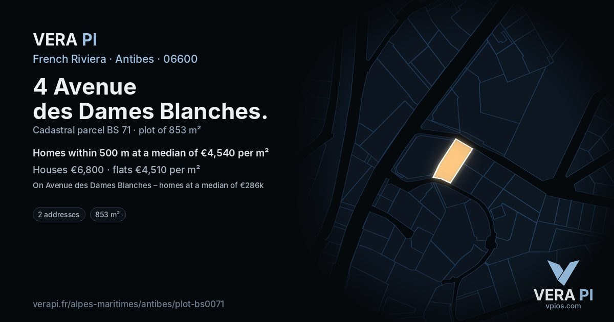 4 Avenue des Dames Blanches, Antibes at night – the plot lit, the parcels around coloured by the prices near them