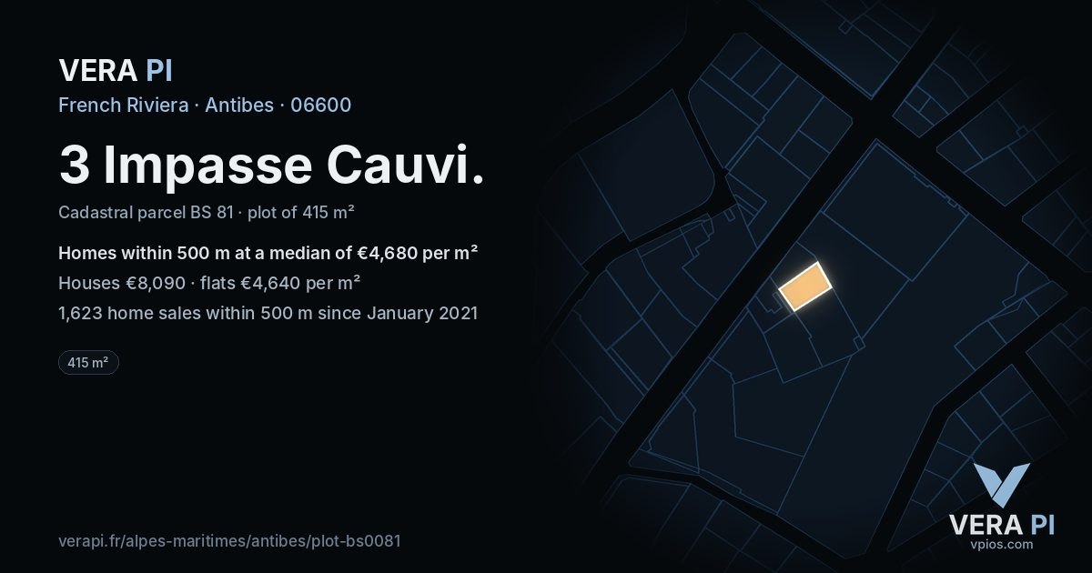 3 Impasse Cauvi, Antibes at night – the plot lit, the parcels around coloured by the prices near them