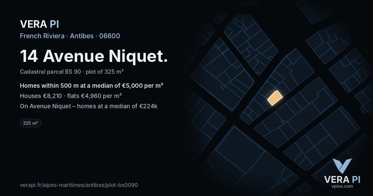 14 Avenue Niquet, Antibes at night – the plot lit, the parcels around coloured by the prices near them