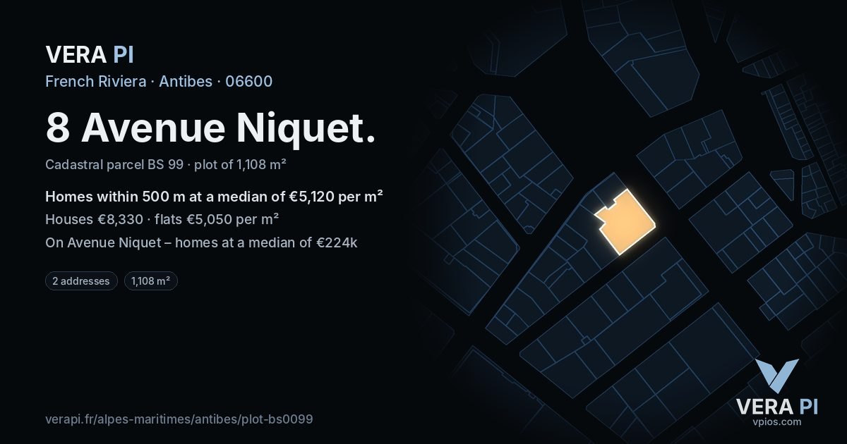 8 Avenue Niquet, Antibes at night – the plot lit, the parcels around coloured by the prices near them