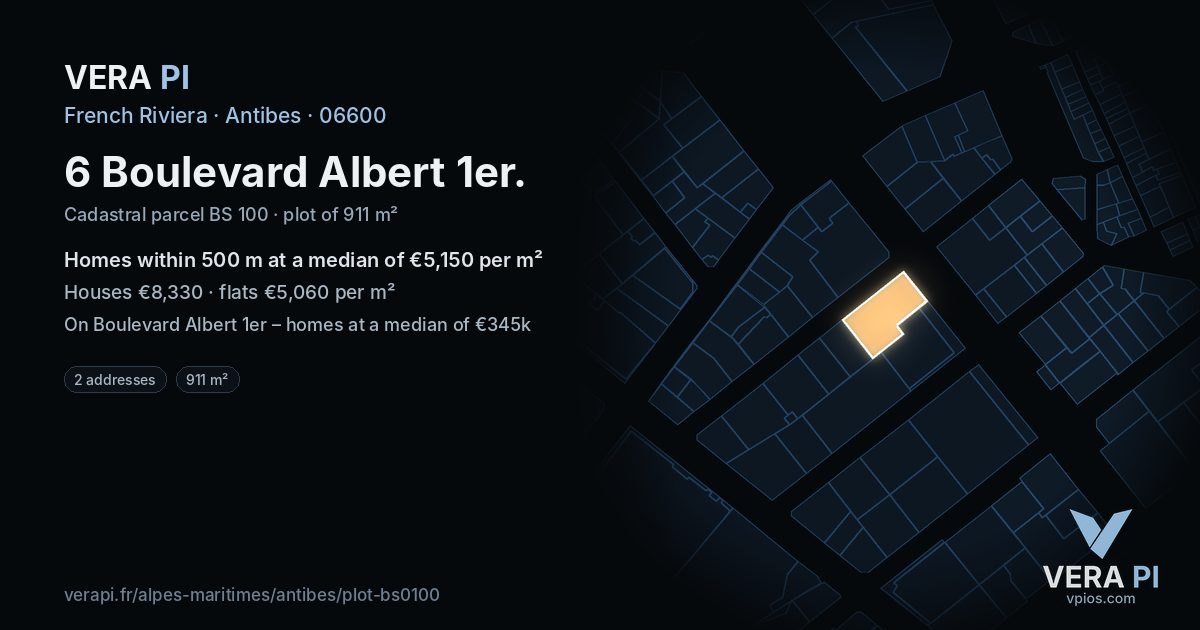 6 Boulevard Albert 1er, Antibes at night – the plot lit, the parcels around coloured by the prices near them