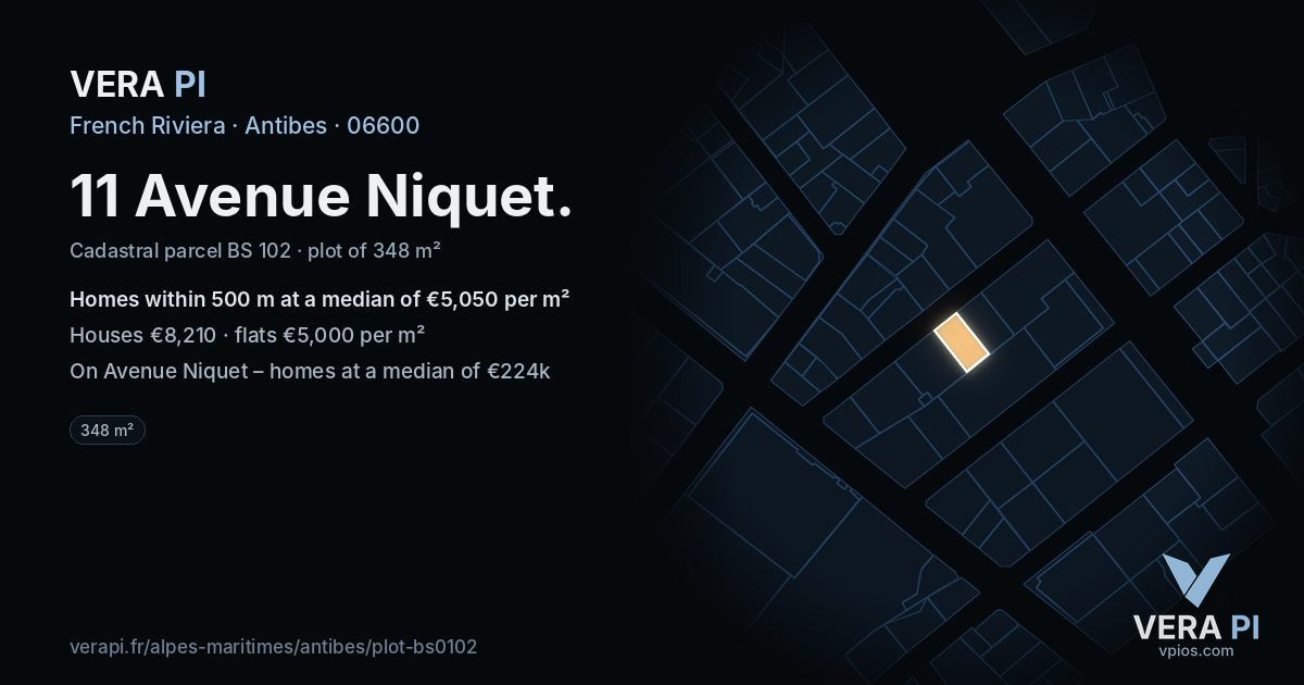 11 Avenue Niquet, Antibes at night – the plot lit, the parcels around coloured by the prices near them