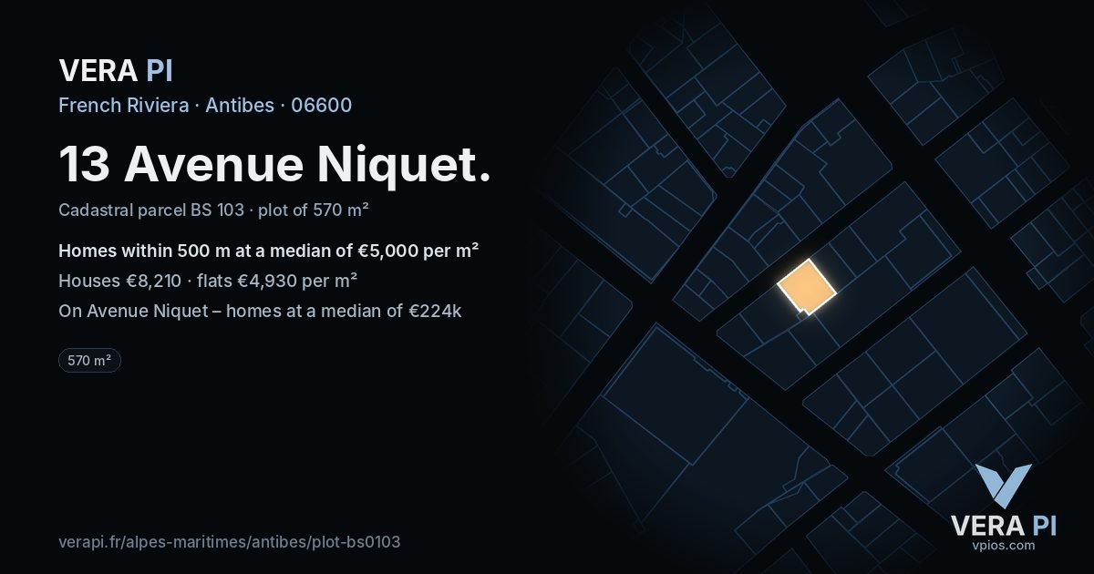13 Avenue Niquet, Antibes at night – the plot lit, the parcels around coloured by the prices near them