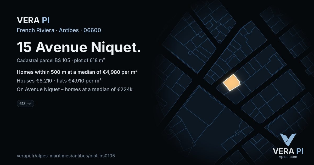 15 Avenue Niquet, Antibes at night – the plot lit, the parcels around coloured by the prices near them