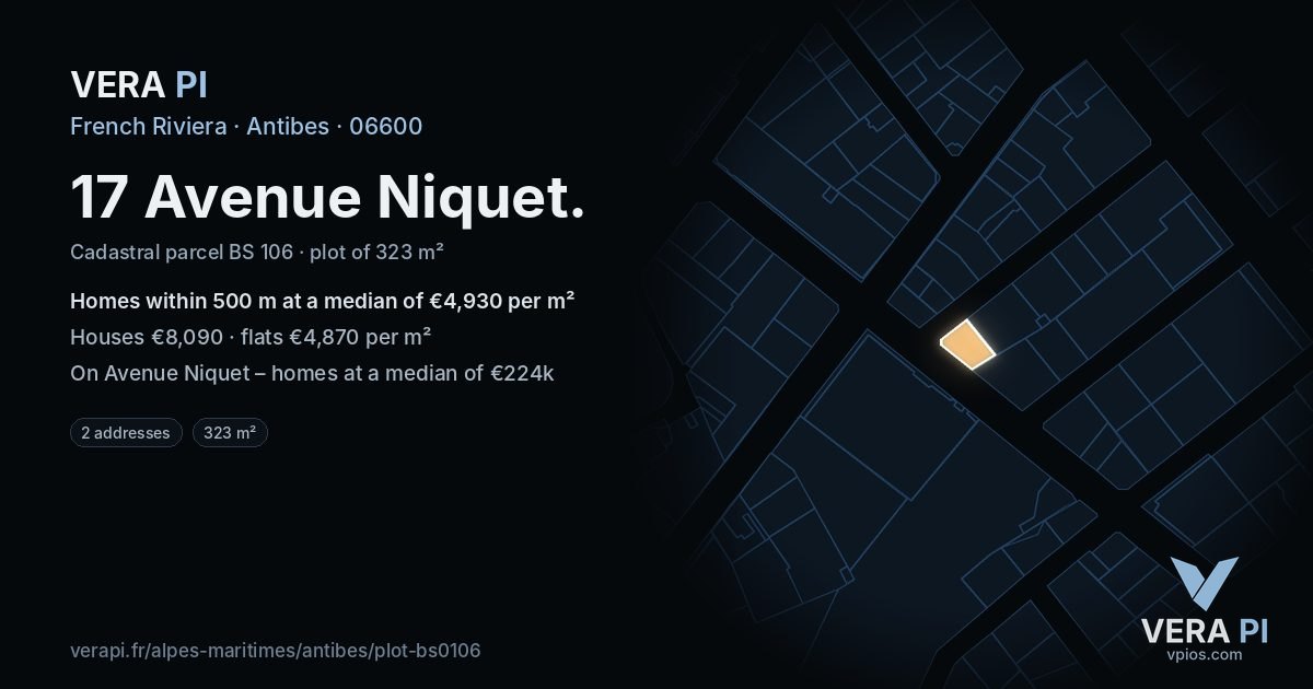 17 Avenue Niquet, Antibes at night – the plot lit, the parcels around coloured by the prices near them