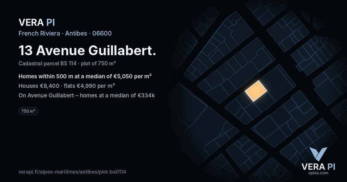 13 Avenue Guillabert, Antibes at night – the plot lit, the parcels around coloured by the prices near them