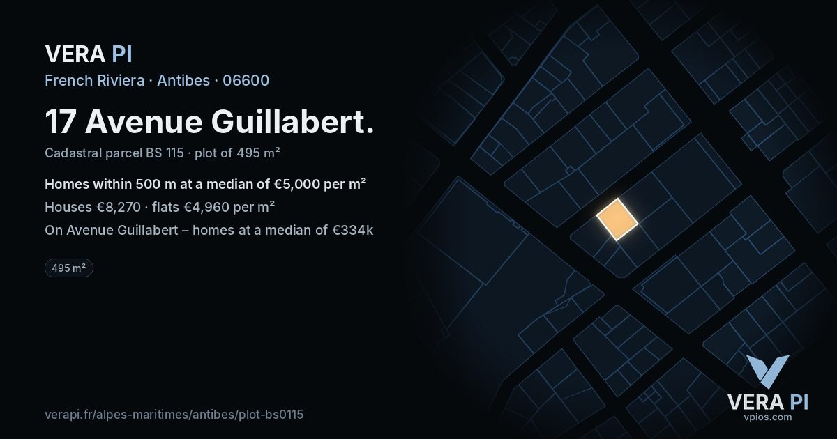 17 Avenue Guillabert, Antibes at night – the plot lit, the parcels around coloured by the prices near them