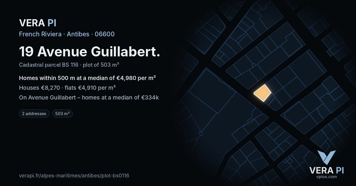 19 Avenue Guillabert, Antibes at night – the plot lit, the parcels around coloured by the prices near them