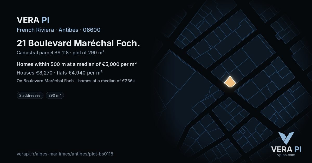 21 Boulevard Maréchal Foch, Antibes at night – the plot lit, the parcels around coloured by the prices near them