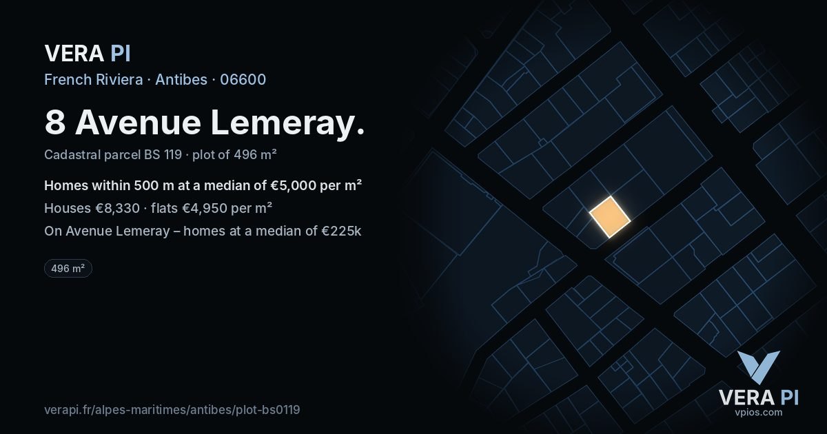 8 Avenue Lemeray, Antibes at night – the plot lit, the parcels around coloured by the prices near them