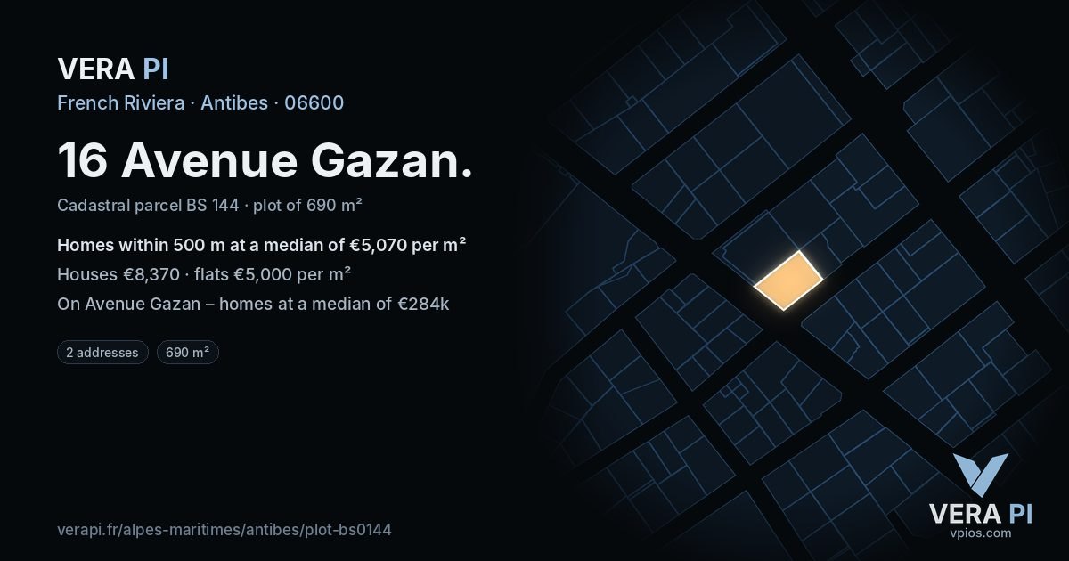 16 Avenue Gazan, Antibes at night – the plot lit, the parcels around coloured by the prices near them