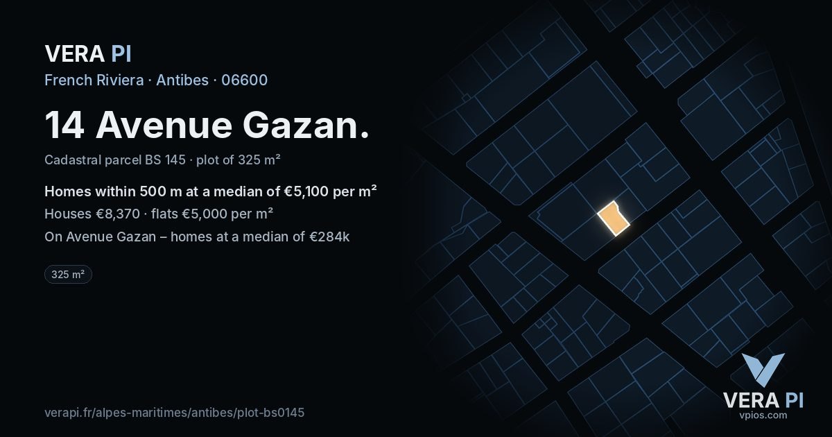 14 Avenue Gazan, Antibes at night – the plot lit, the parcels around coloured by the prices near them