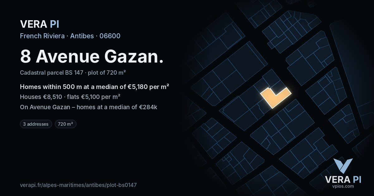 8 Avenue Gazan, Antibes at night – the plot lit, the parcels around coloured by the prices near them