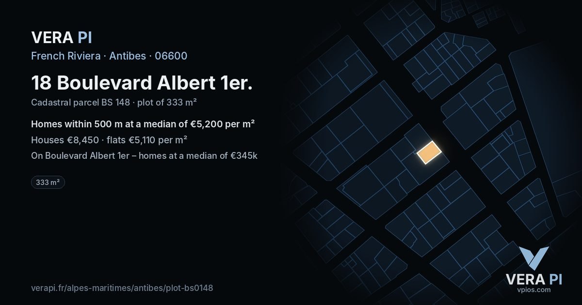 18 Boulevard Albert 1er, Antibes at night – the plot lit, the parcels around coloured by the prices near them