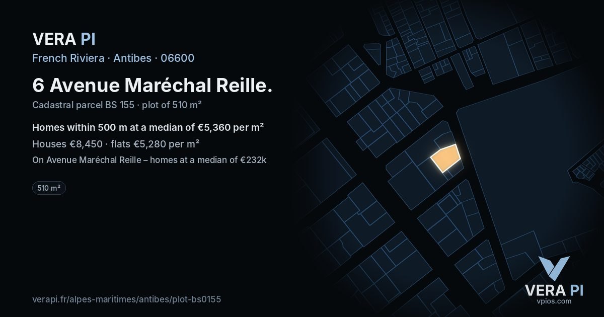 6 Avenue Maréchal Reille, Antibes at night – the plot lit, the parcels around coloured by the prices near them