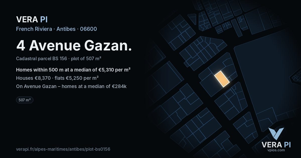4 Avenue Gazan, Antibes at night – the plot lit, the parcels around coloured by the prices near them