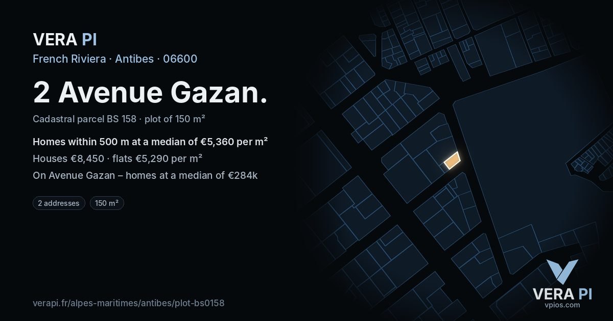 2 Avenue Gazan, Antibes at night – the plot lit, the parcels around coloured by the prices near them