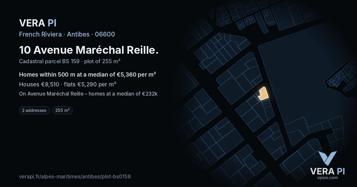 10 Avenue Maréchal Reille, Antibes at night – the plot lit, the parcels around coloured by the prices near them