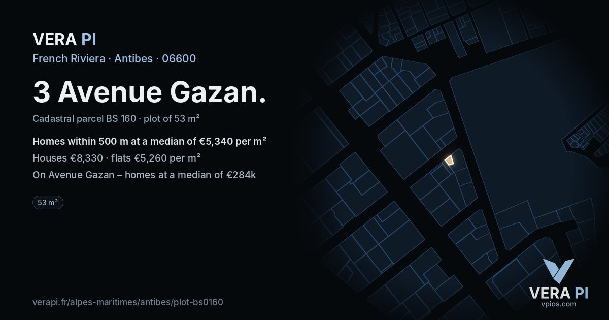 3 Avenue Gazan, Antibes at night – the plot lit, the parcels around coloured by the prices near them