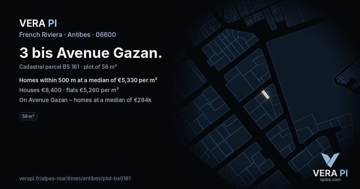 3 bis Avenue Gazan, Antibes at night – the plot lit, the parcels around coloured by the prices near them
