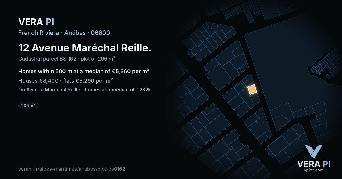12 Avenue Maréchal Reille, Antibes at night – the plot lit, the parcels around coloured by the prices near them