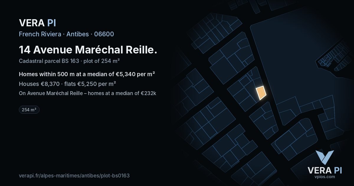 14 Avenue Maréchal Reille, Antibes at night – the plot lit, the parcels around coloured by the prices near them
