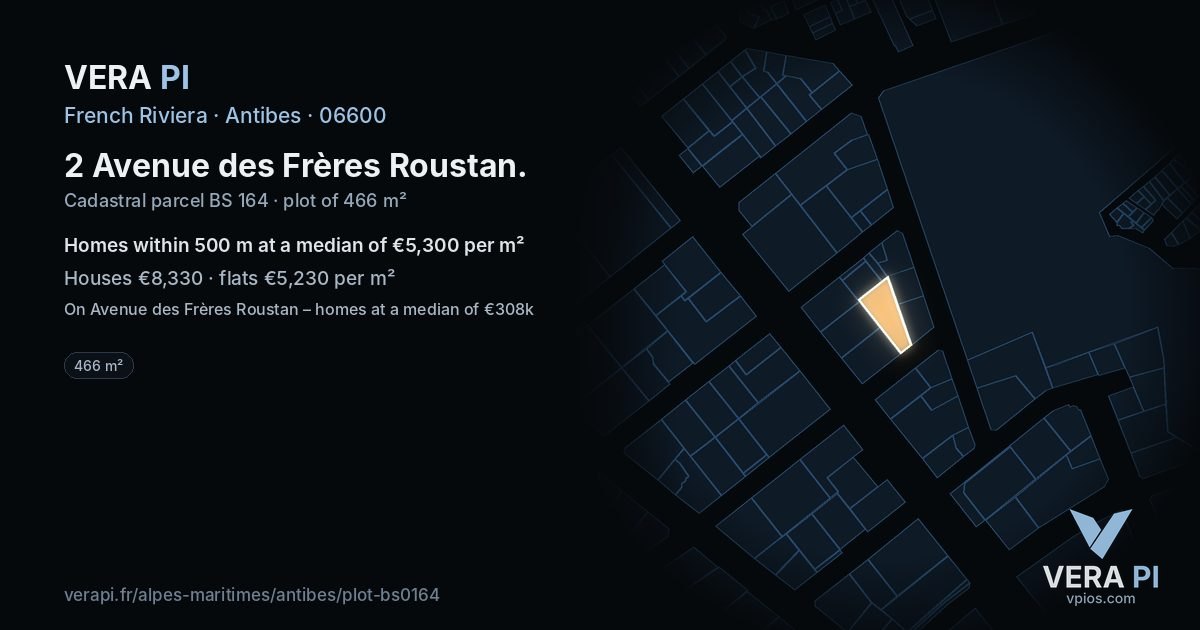 2 Avenue des Frères Roustan, Antibes at night – the plot lit, the parcels around coloured by the prices near them