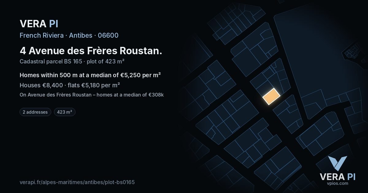 4 Avenue des Frères Roustan, Antibes at night – the plot lit, the parcels around coloured by the prices near them