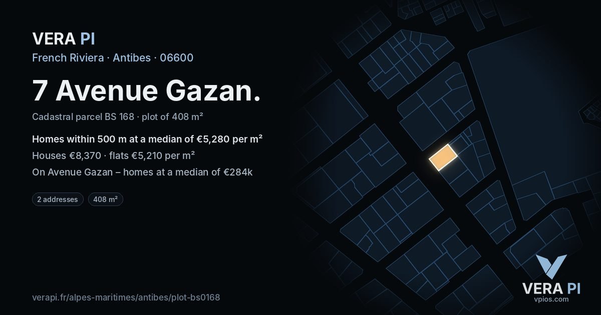 7 Avenue Gazan, Antibes at night – the plot lit, the parcels around coloured by the prices near them
