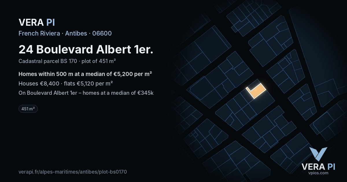 24 Boulevard Albert 1er, Antibes at night – the plot lit, the parcels around coloured by the prices near them