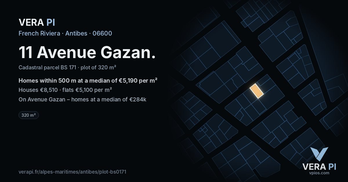 11 Avenue Gazan, Antibes at night – the plot lit, the parcels around coloured by the prices near them