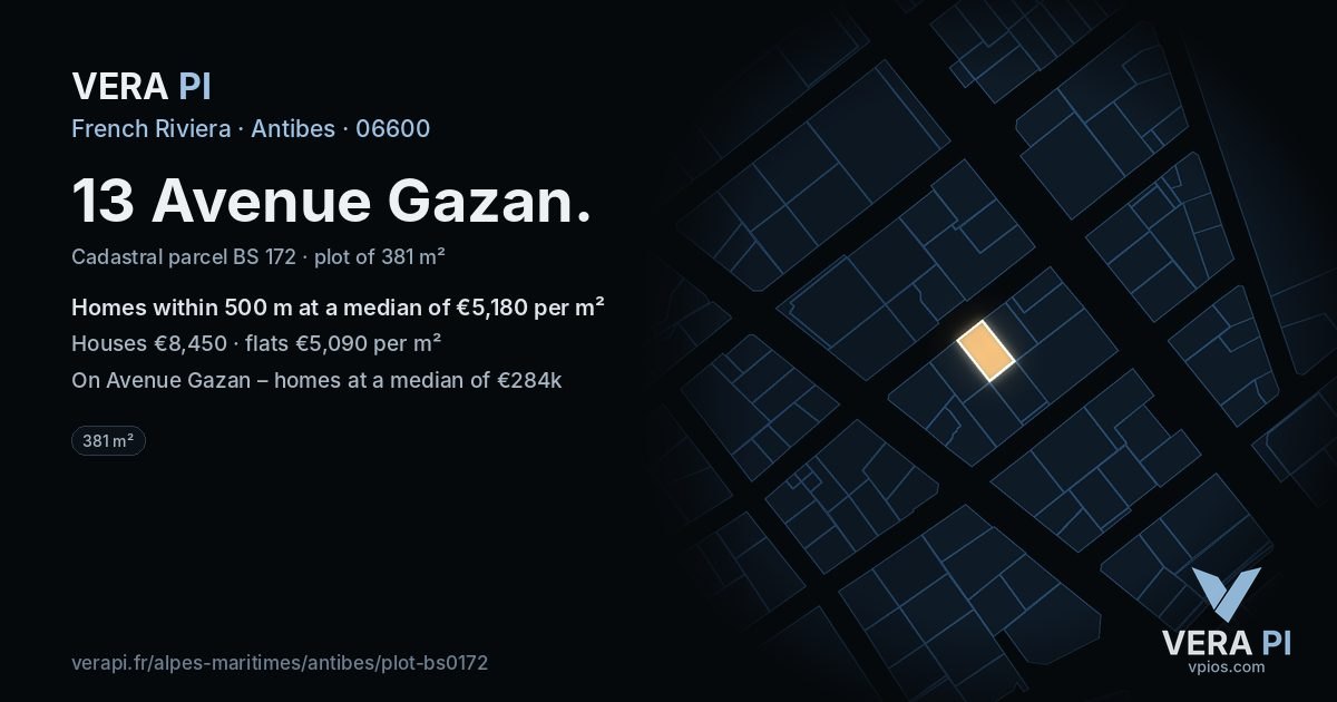 13 Avenue Gazan, Antibes at night – the plot lit, the parcels around coloured by the prices near them