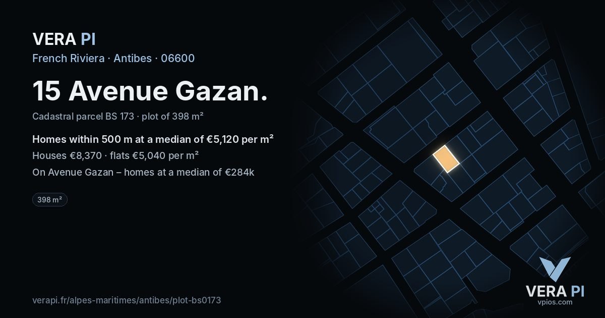15 Avenue Gazan, Antibes at night – the plot lit, the parcels around coloured by the prices near them