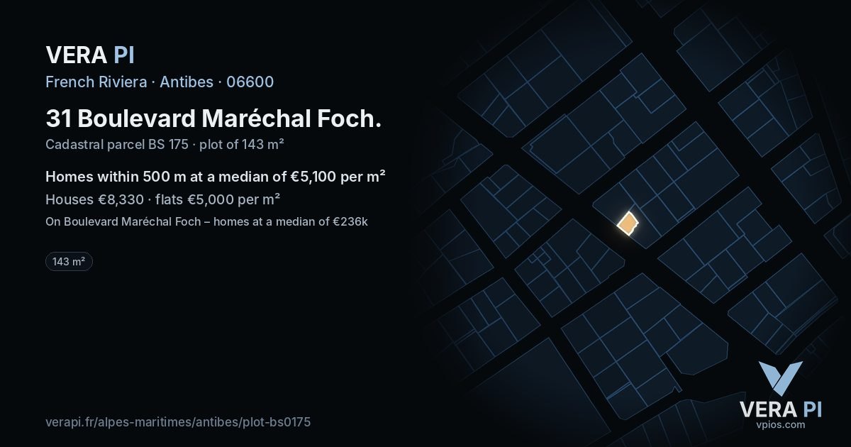 31 Boulevard Maréchal Foch, Antibes at night – the plot lit, the parcels around coloured by the prices near them