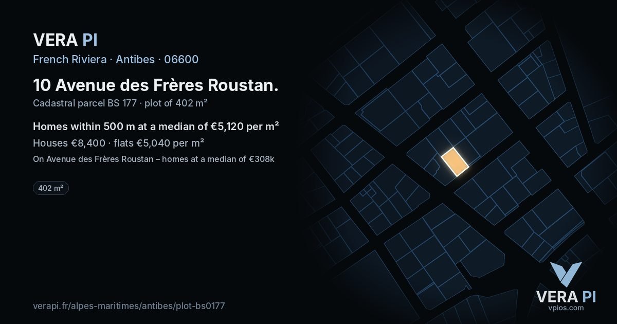 10 Avenue des Frères Roustan, Antibes at night – the plot lit, the parcels around coloured by the prices near them