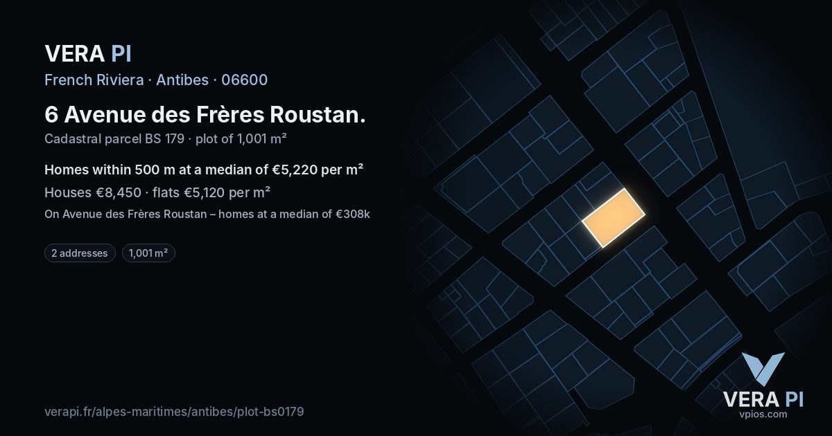 6 Avenue des Frères Roustan, Antibes at night – the plot lit, the parcels around coloured by the prices near them
