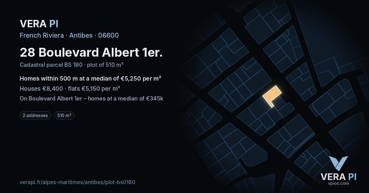 28 Boulevard Albert 1er, Antibes at night – the plot lit, the parcels around coloured by the prices near them