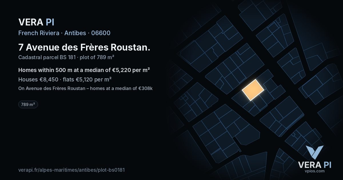 7 Avenue des Frères Roustan, Antibes at night – the plot lit, the parcels around coloured by the prices near them