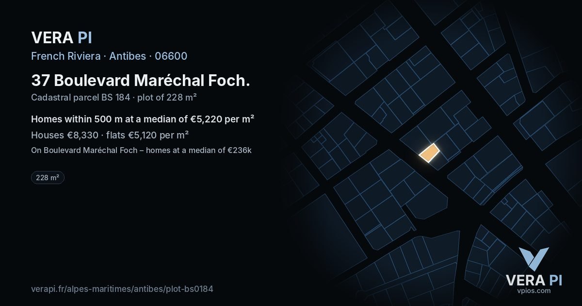 37 Boulevard Maréchal Foch, Antibes at night – the plot lit, the parcels around coloured by the prices near them