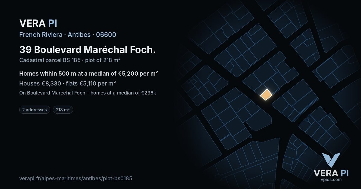 39 Boulevard Maréchal Foch, Antibes at night – the plot lit, the parcels around coloured by the prices near them