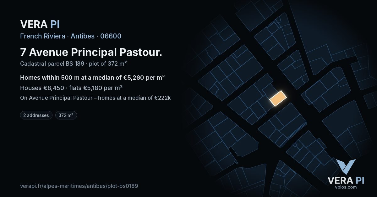 7 Avenue Principal Pastour, Antibes at night – the plot lit, the parcels around coloured by the prices near them