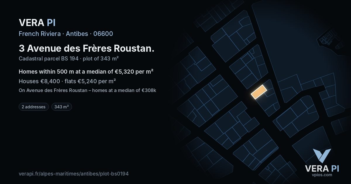 3 Avenue des Frères Roustan, Antibes at night – the plot lit, the parcels around coloured by the prices near them