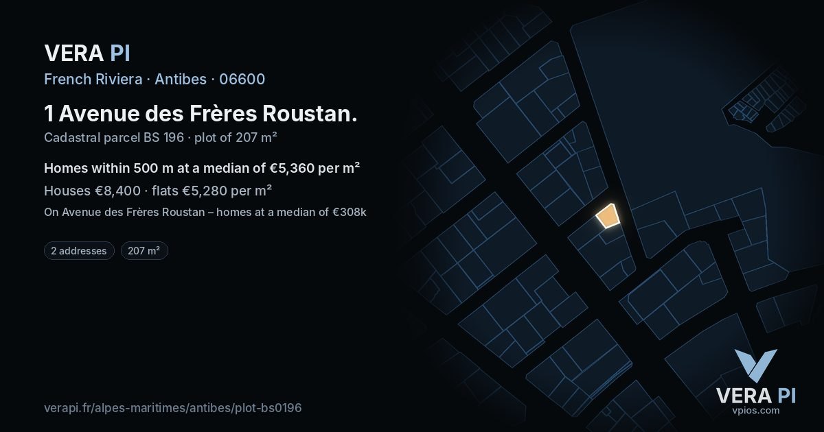 1 Avenue des Frères Roustan, Antibes at night – the plot lit, the parcels around coloured by the prices near them