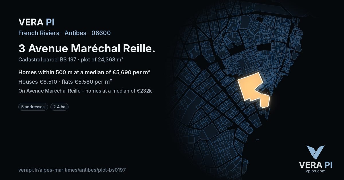 3 Avenue Maréchal Reille, Antibes at night – the plot lit, the parcels around coloured by the prices near them