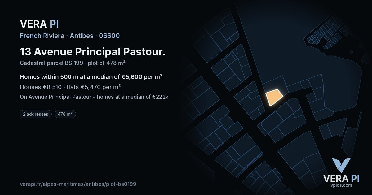 13 Avenue Principal Pastour, Antibes at night – the plot lit, the parcels around coloured by the prices near them