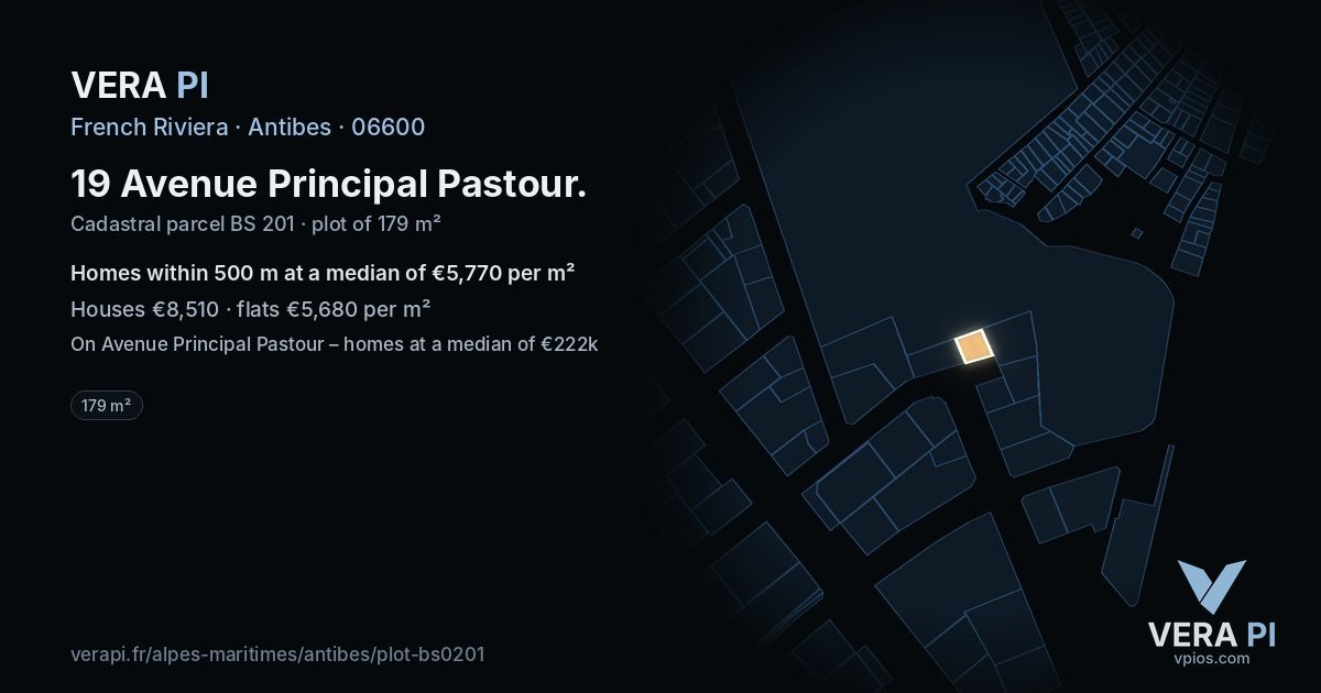 19 Avenue Principal Pastour, Antibes at night – the plot lit, the parcels around coloured by the prices near them