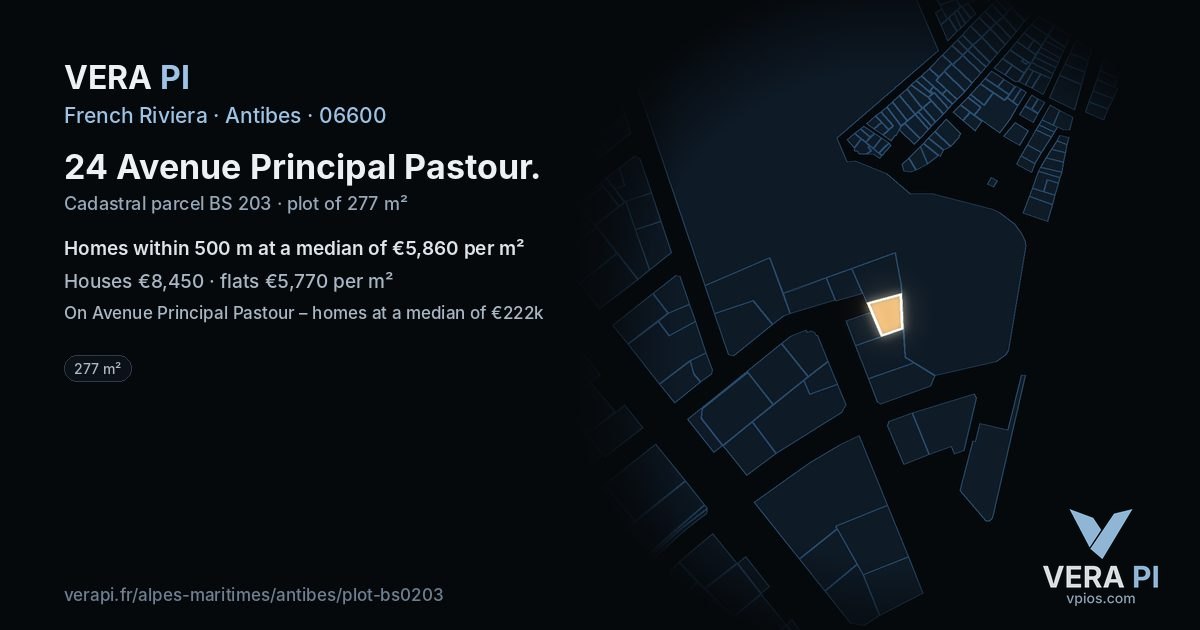 24 Avenue Principal Pastour, Antibes at night – the plot lit, the parcels around coloured by the prices near them