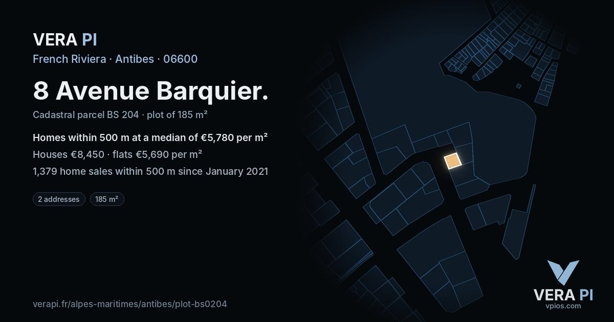 8 Avenue Barquier, Antibes at night – the plot lit, the parcels around coloured by the prices near them