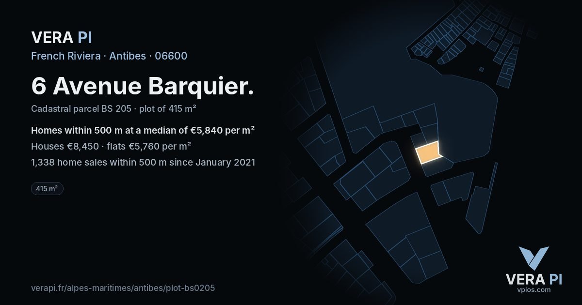 6 Avenue Barquier, Antibes at night – the plot lit, the parcels around coloured by the prices near them