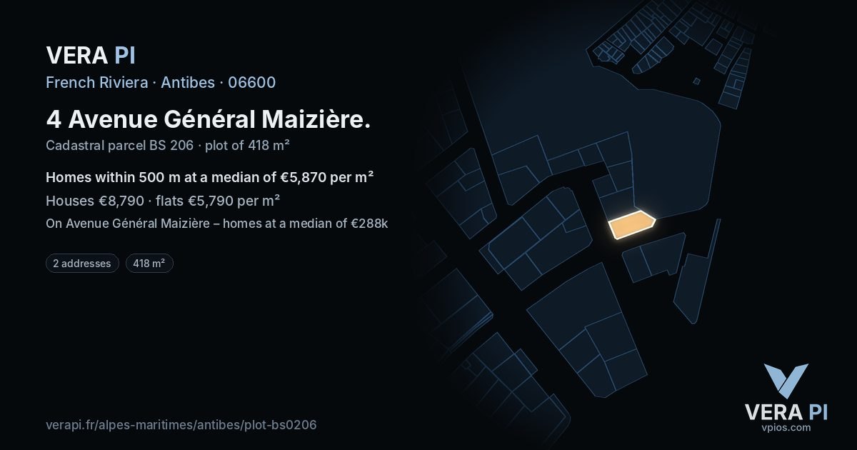 4 Avenue Général Maizière, Antibes at night – the plot lit, the parcels around coloured by the prices near them